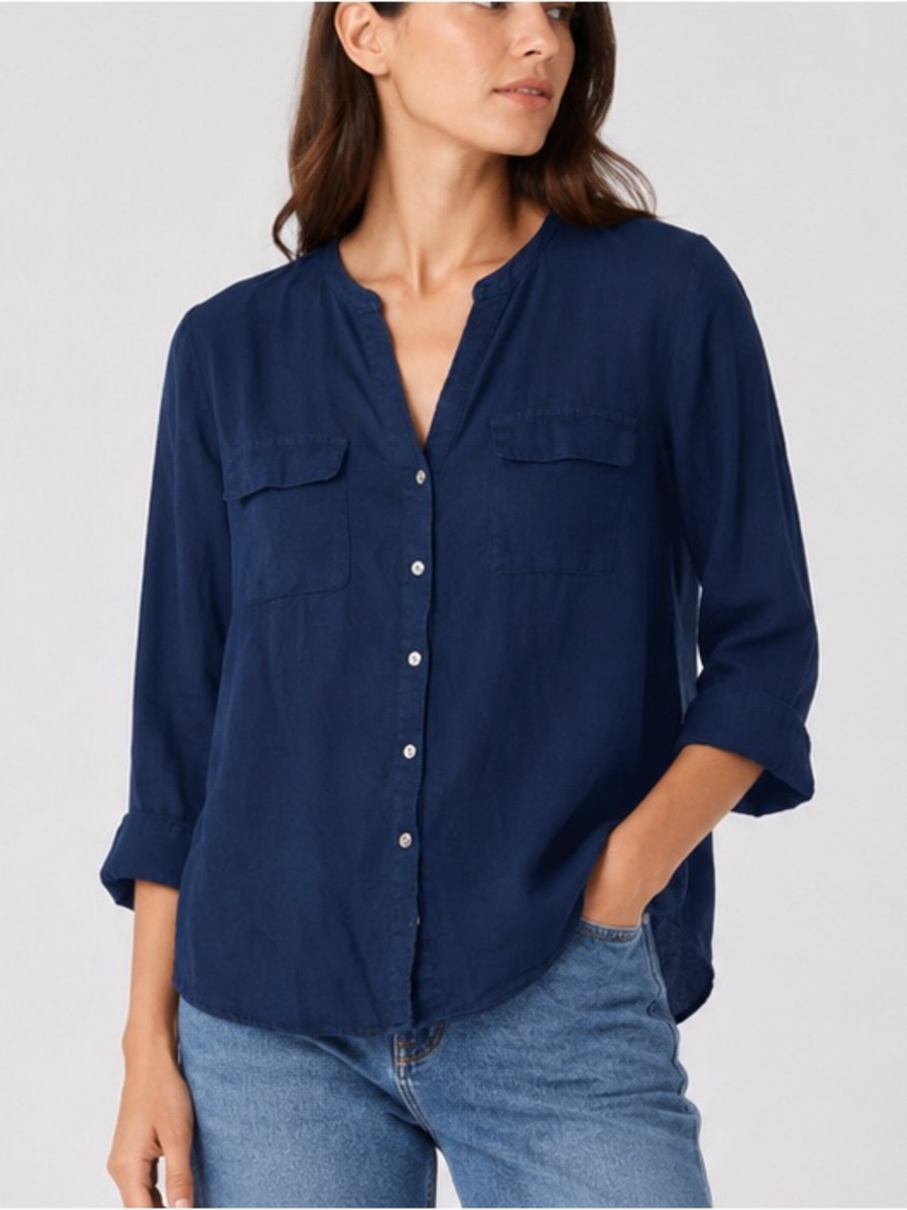 JM Collection Women’s 100% Linen Navy Button Front Shirt Size 10